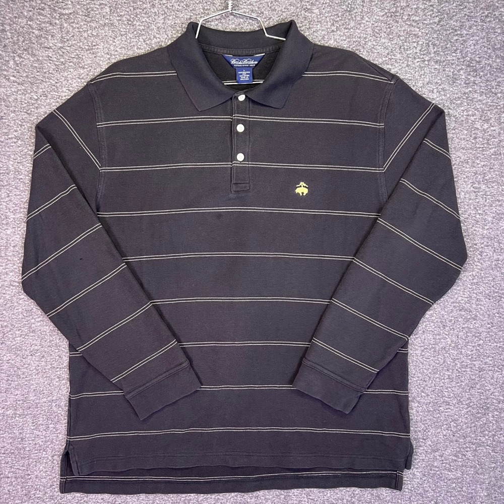 Brooks Brothers Polo Shirt Mens L Black Striped Classic Casual Performance Knit